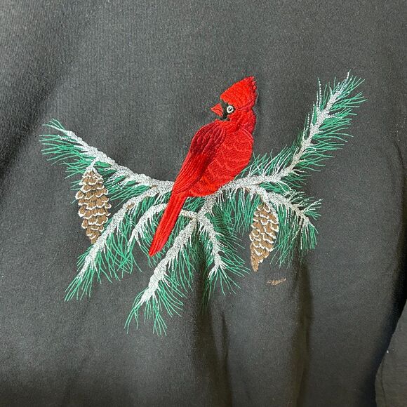 Vintage Santee Womens Black Red Painted Cardinal Winter Christmas Sweatshirt XXL - Picture 4 of 11